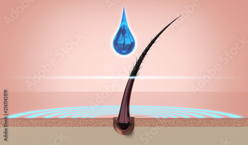 Single hair regeneration with shampoo drop - 3d illustration