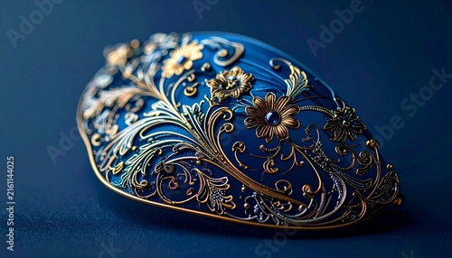 ornate filigree hatpin with intricate floral design in gold and silver, detailed metalwork accessory on blue 2