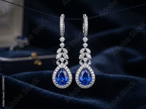 Elegant sapphire blue teardrop earrings with shimmering diamond accents on luxury dark navy velvet background for a stylish jewelry presentation
