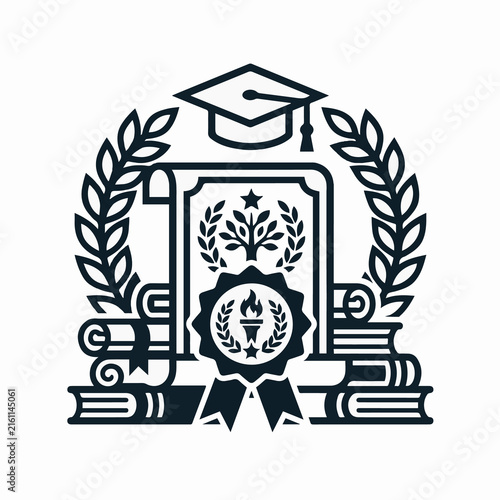 Academic graduation emblem with diploma and books.