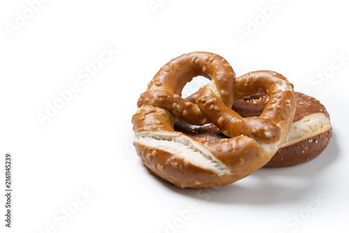 Traditional soft pretzel isolated on white background. Copy space