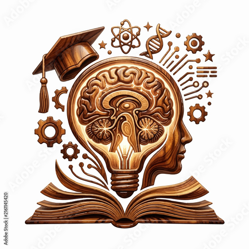 Wooden Illustration of Human Brain Lightbulb and Open Book for Education.