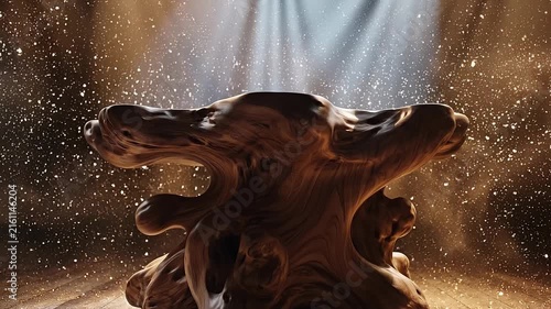 Artistic wooden sculpture with swirling dust particles in warm natural light on wooden floor