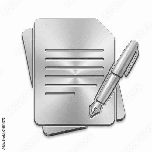Metallic document icon with fountain pen illustration.