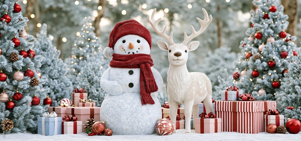 Naklejka premium In a snowy forest, a cheerful snowman and reindeer stand among decorated pines and vibrant gifts.