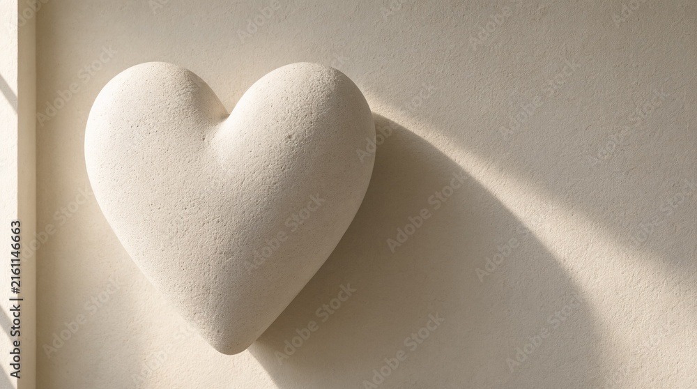 Obraz premium A minimalist stone heart sculpture rests against a neutral textured wall under warm sunlight.