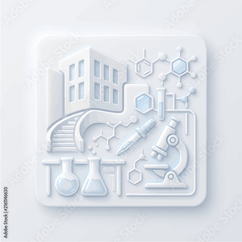 3D white paper cut style illustration of a science laboratory and research facility.