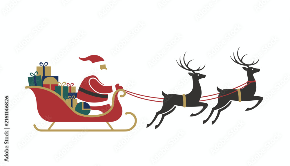 Fototapeta premium Santa Claus riding his red sleigh full of colorful gift boxes pulled by two majestic reindeer vector.