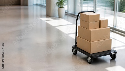 Plain cardboard boxes stacked on a professional delivery cart stand ready for transport across a modern office lobby with natural light