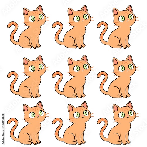 Seamless pattern of cute cartoon orange cat with green eyes isolated on white background