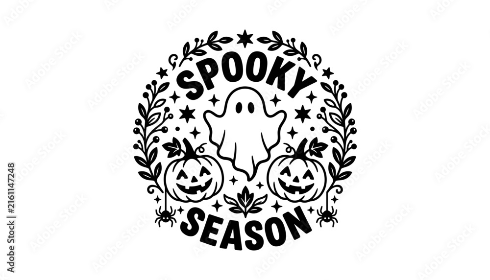 Fototapeta premium Spooky Season Halloween Badge Vector Graphic Design with Cute Ghost Pumpkins and Autumn Floral Wreath Border for Festive Apparel Prints and Party Decorations