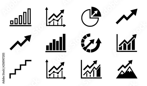 Black growth graph icon set collection of development charts diagrams and upward trend symbols for business finance presentation