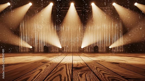 Empty wooden stage with bright spotlights and particles creating dramatic theater ambiance