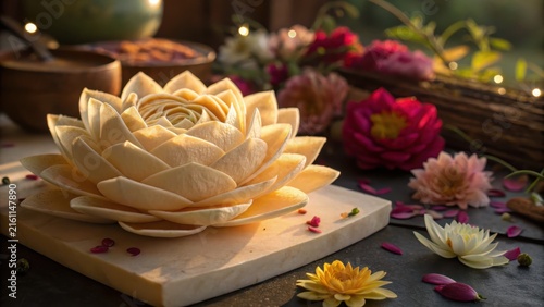 Tofu Flower Sculpture on Wooden Board with Soft Floral Backdrop