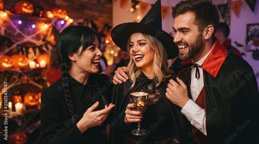 Fototapeta premium Happy friends in costumes talking and laughing at indoor Halloween party. Young adults celebrating holiday together