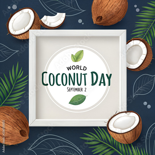 World coconut day social media post design with photo frame, whole and halved coconuts on dark background