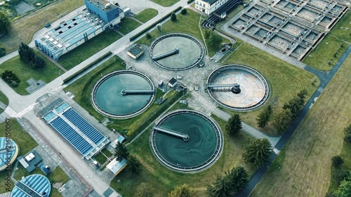 Industrial wastewater treatment plant captured in summer from above
