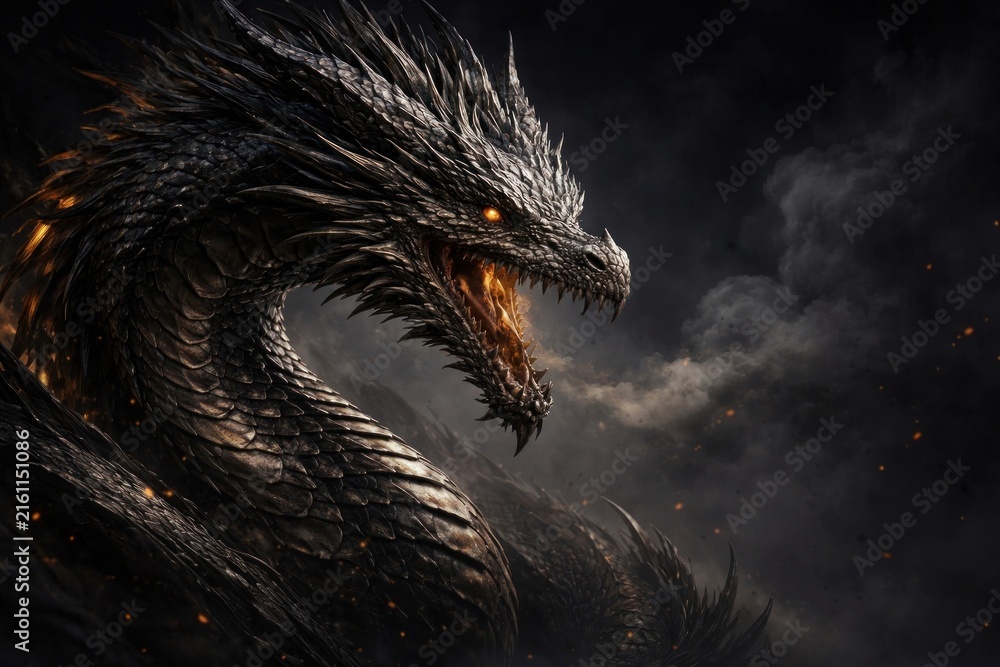 Fototapeta premium Majestic dragon in fiery darkness.
