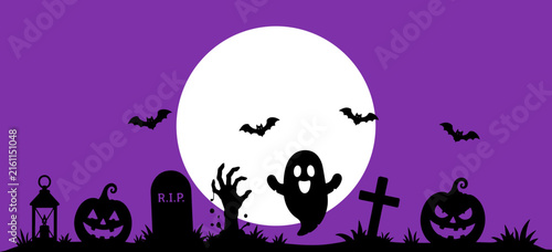 halloween graveyard silhouette with full moon ghost pumpkins bats and tombstones on purple background vector illustration