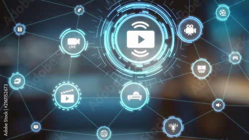 Multimedia technology with video, audio, photo and streaming icons representing digital media, communication and online platforms in a modern multimedia world. Gist