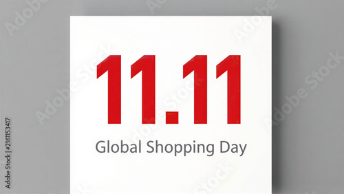Minimalist 11.11 Global Shopping Day card on grey background. Clean red typography for retail sale and business promotion