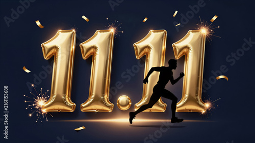 Golden 11.11 shopping festival banner with metallic balloon number and a runner silhouette. Creative promotion featuring gold confetti and spark on a dark background for a special offer