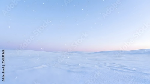 Minimal winter landscape with snow covered ground and soft blue sky background