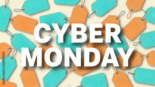 Vibrant Cyber Monday sale banner with various discount price tags. Perfect for online shopping promotions and retail advertisements. Features ample copy space for your message