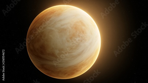 Luminous golden planetary sphere surrounded by deep space and distant starlight with swirling atmospheric patterns
