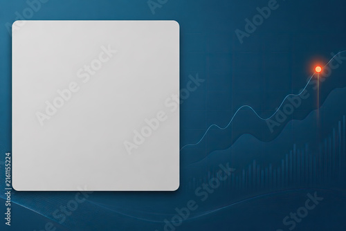 A stylized digital graphic featuring a prominent white square against a dark blue stock market graph background.