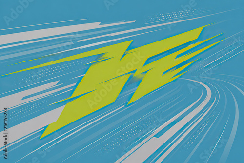 A vibrant, stylized green lightning bolt graphic bursts forward, conveying intense energy and speed. Background
