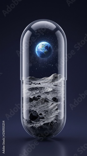 surreal artwork depicting earth and lunar surface encapsulated in a transparent pill
