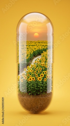 sunflower field encapsulated in glass capsule representing nature and health on yellow background