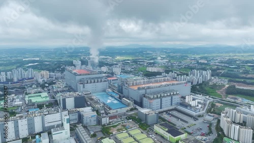 Aerial Drone View of Advanced Semiconductor Chip Manufacturing Plant and Industrial Complex in Icheon, South Korea