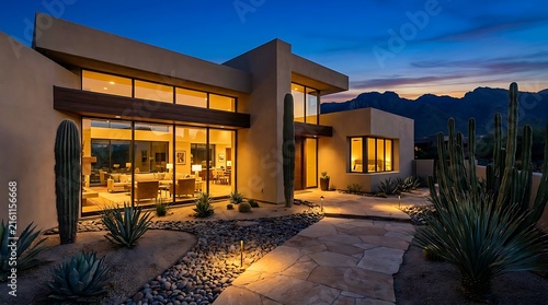 Modern luxury house with warm lights at night in the desert with mountain background. arizona modern homes