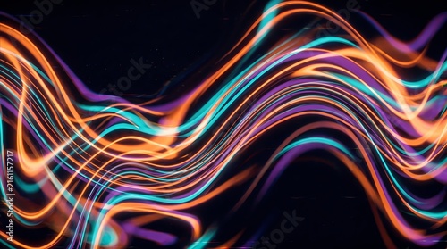 abstract background featuring vibrant glowing wavy light streaks in orange, cyan, and purple against a dark backdrop. The smooth flowing neon lines create a sense of speed, energy, and digital connect