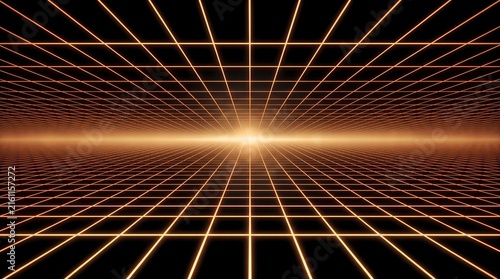 abstract digital background featuring a glowing orange and yellow wireframe perspective grid stretching toward a bright horizon line in a dark space.