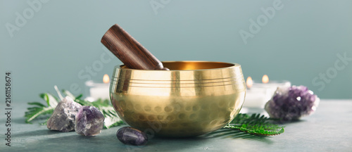 Golden Singing Bowl with Crystals and Green Ferns