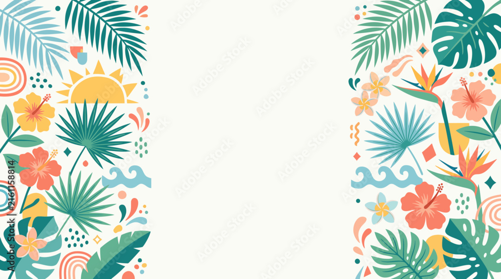 Fototapeta premium Vibrant Tropical Summer Border with Exotic Flowers, Leaves, Sun, and Rainbow Accents