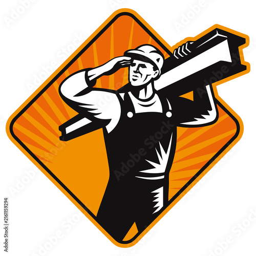 Retro Construction Worker Holding Beam Girder Cartoon Vector Illustration Tradesman Miner Laborer Isolated Vintage Artwork Graphics Style