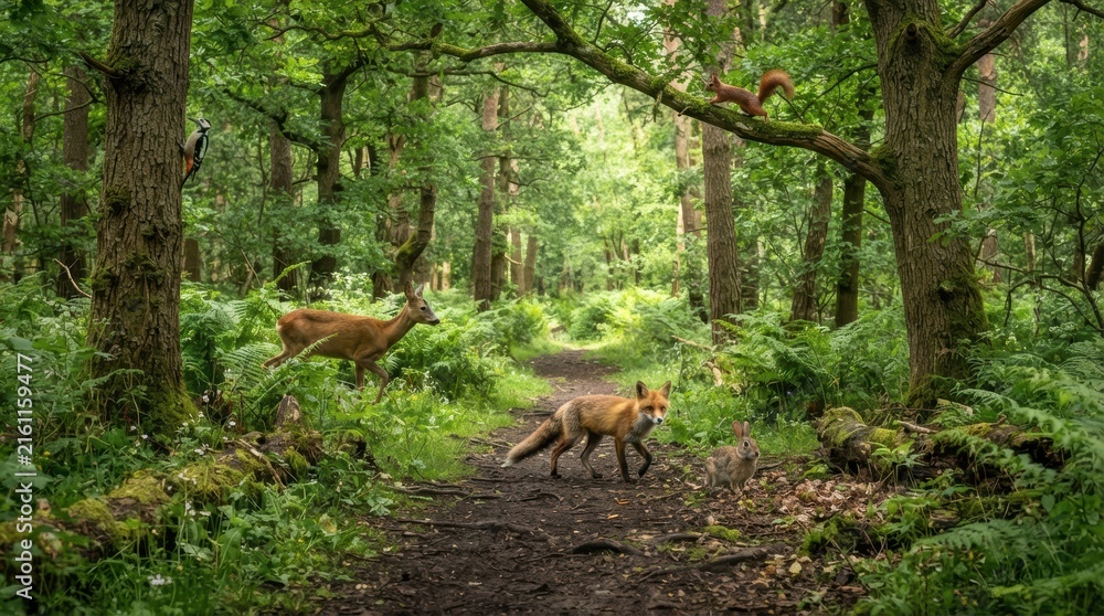 Naklejka premium Diverse wildlife encounters on a forest path with a fox, deer, squirrel, woodpecker, and rabbit