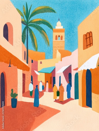 Vibrant alleyway with colorful buildings and palm trees evokes warm summer vibes