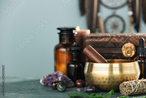 Meditation Setup with Singing Bowl and Crystals