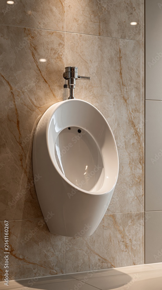 Fototapeta premium White ceramic urinal on a brown marble patterned tiled wall, showcasing modern bathroom design and hygiene in a public washroom