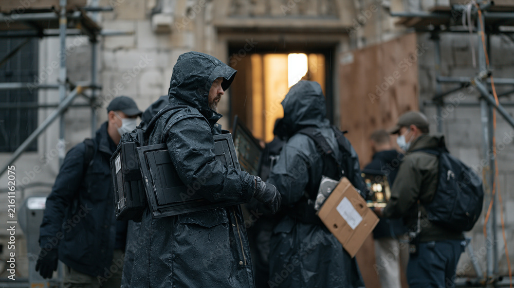 Fototapeta premium A crowd of editors and assistants in rain soaked street gear carry monitors and hard drives into a converted medieval stone building under restoration scaffolding, film playback