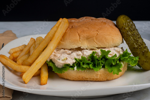 chicken salad  sandwich  with  pickles