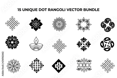 Collection of fifteen black and white dot rangoli designs for festive celebrations
