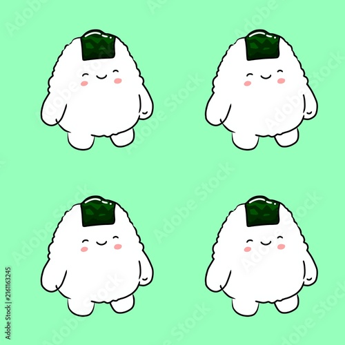 Seamless pattern of cute cartoon onigiri rice ball character with nori seaweed on green background