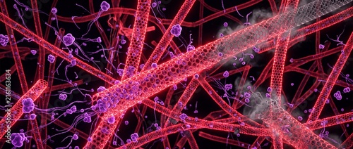 Glowing red carbon nanotubes interconnecting in complex microscopic networks representing advanced nanotechnology biotechnology research