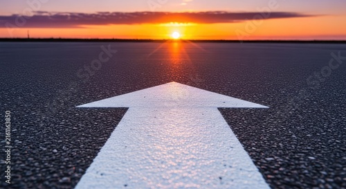 A low angle shot of a bright white arrow painted on dark grey asphalt pointing forward toward a distant horizon at sunrise or sunset, path, leadership, way